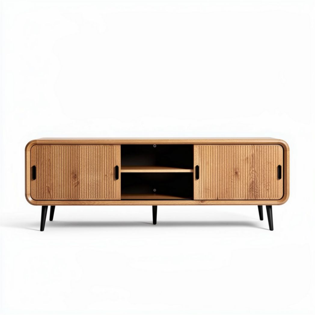Modern wooden TV stand with storage cabinets and open shelves 150 x 40 x 50cm