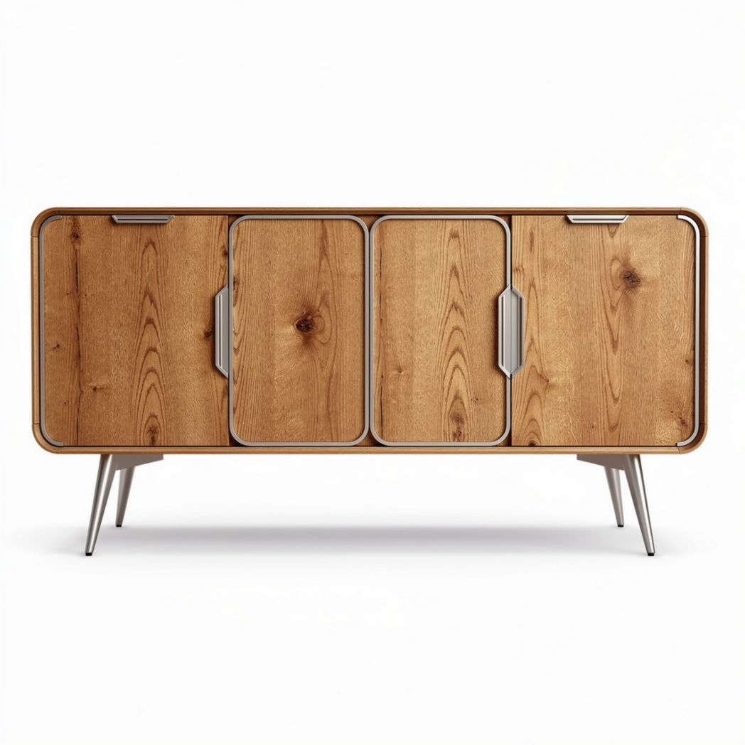 Wooden storage cabinet with four doors and metal legs 120 x 40 x 75cm