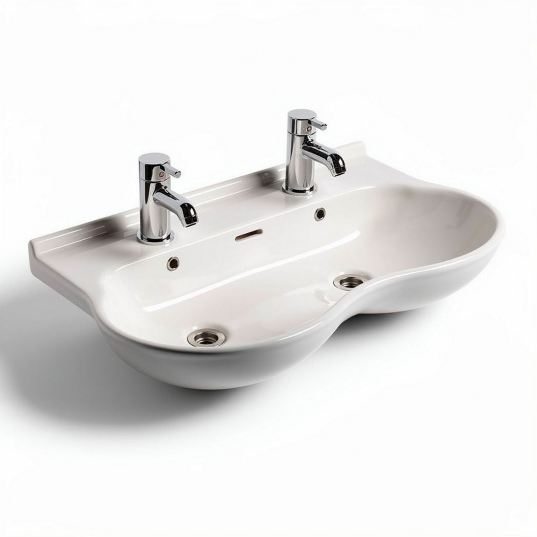 Double basin ceramic sink with chrome faucet fixtures 70 x 40 x 15cm