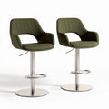 Green upholstered bar stools with adjustable height and sleek metal base