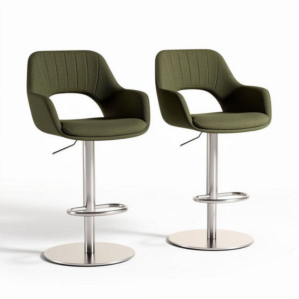 Green upholstered bar stools with adjustable height and sleek metal base
