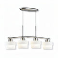 Three-light industrial pendant lamp with clear glass shades and black metal accents