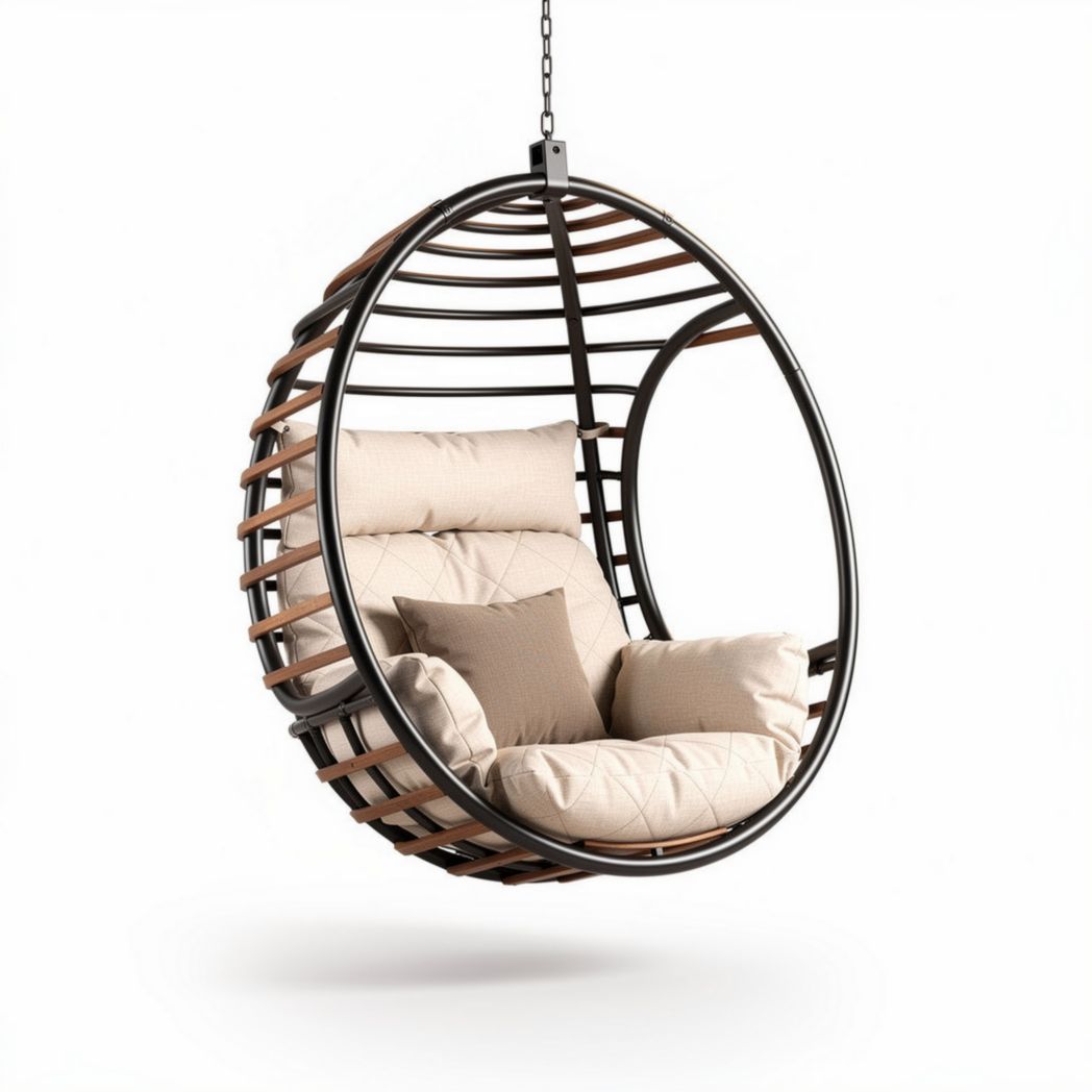 Hanging egg chair with soft cushions and metal frame for indoor outdoor use